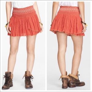 Free People Lip Smocking Embroidered Gathered Boho Mini Skirt Red Orange S